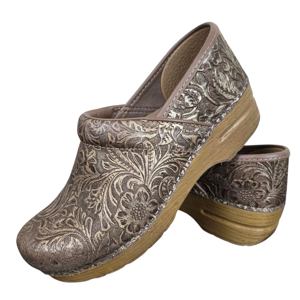 Dansko Antique Gold Floral Tooled Leather Clogs Sz 38 US 7.5 -8 Comfort Nursing